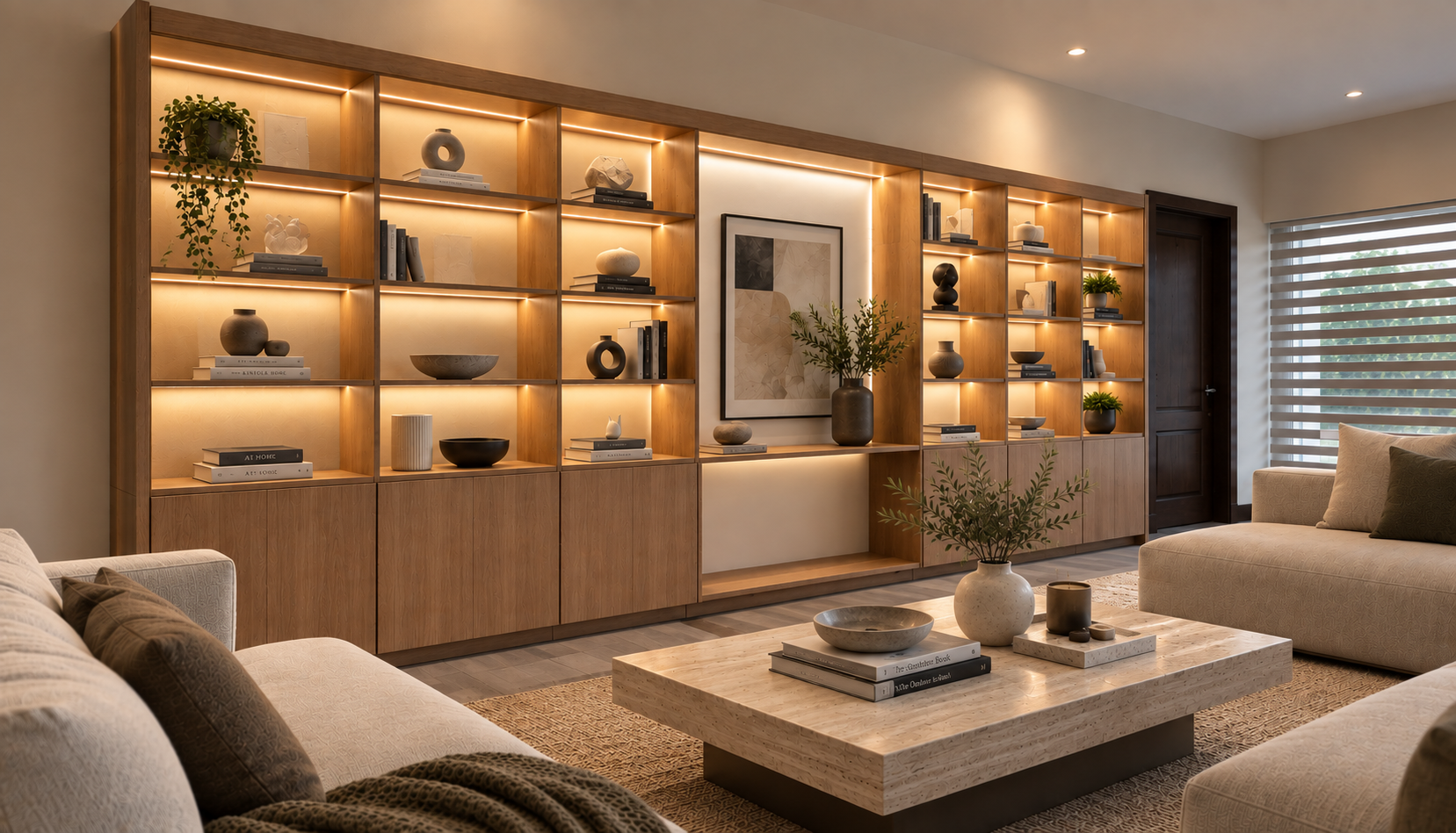 Estancia con mueble de madera a medida, repisas iluminadas y salas en tonos neutros