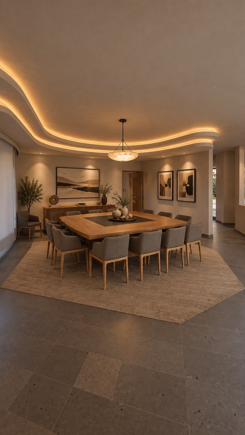 Comedor contemporáneo con mesa central de madera, sillas tapizadas e iluminación indirecta curva